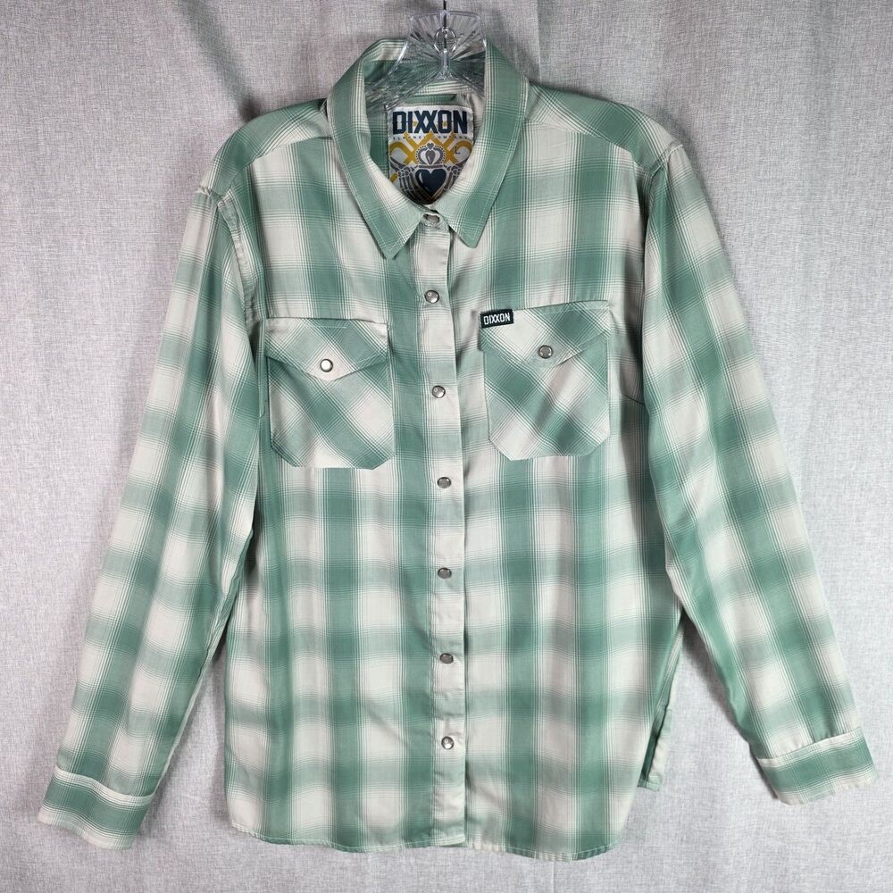 Dixxon The Claddagh Womens Bamboo Shirt L Long Sleeve Pearl Snap Plaid Green